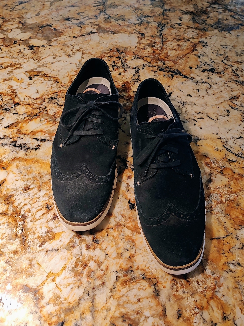 Cole Haan Black Suede Wingtip Derbys with White Sole